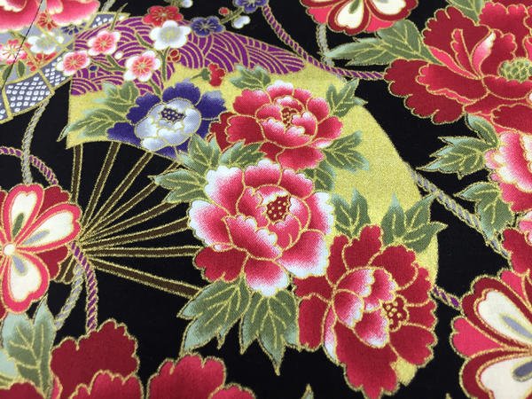 画像3: 鯉口シャツ【牡丹と扇面　黒系・赤系】Ｓ・Ｍ・Ｌ寸　大人用 男性女性兼用 黒系 赤系 (3)