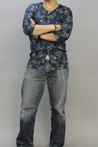 画像5: 鯉口シャツ 変わり織生地【獅子牡丹/紺】 M・L寸 大人用 男性女性兼用 青系 (5)