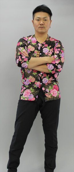 画像4: 鯉口シャツ【牡丹と鼓 黒・白】S・M・L寸 大人用 男性女性兼用 黒系 (4)