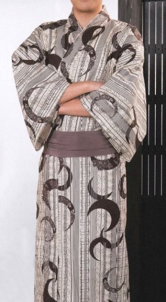 画像2: 【大人用男女兼用】旅館用仕立て上がり筒袖浴衣 小・中・大・特大・キング【縞三日月】 (2)