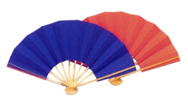 画像3: 舞扇 片面色違い(緑・朱、青・朱)白竹骨 9寸5分(約28.8cm)扇子箱なし (3)