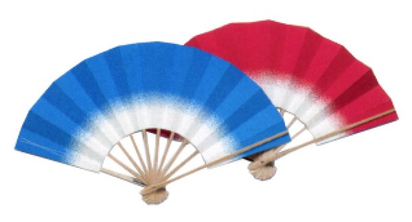 画像4: 舞扇 片面色違い(赤紫・黄、ピンク・水色・青・赤、緑・朱) 白竹骨 9寸5分(約28.8cm)扇子箱なし (4)