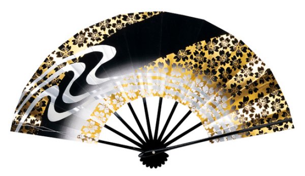 画像2: 舞扇 黒塗骨 9寸5分(約28.8cm) 流水桜 扇子箱なし (2)