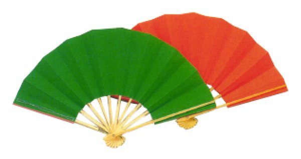 画像2: 舞扇 片面色違い(緑・朱、青・朱)白竹骨 9寸5分(約28.8cm)扇子箱なし (2)