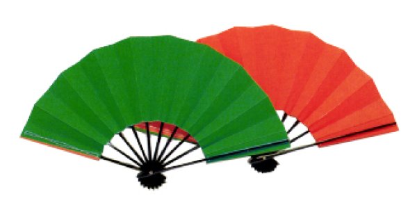 画像2: 舞扇 片面色違い(緑・朱、青・朱) 黒塗骨 9寸5分(約28.8cm)扇子箱なし (2)