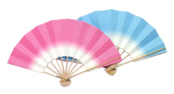 画像3: 舞扇 片面色違い(赤紫・黄、ピンク・水色・青・赤、緑・朱) 白竹骨 9寸5分(約28.8cm)扇子箱なし (3)