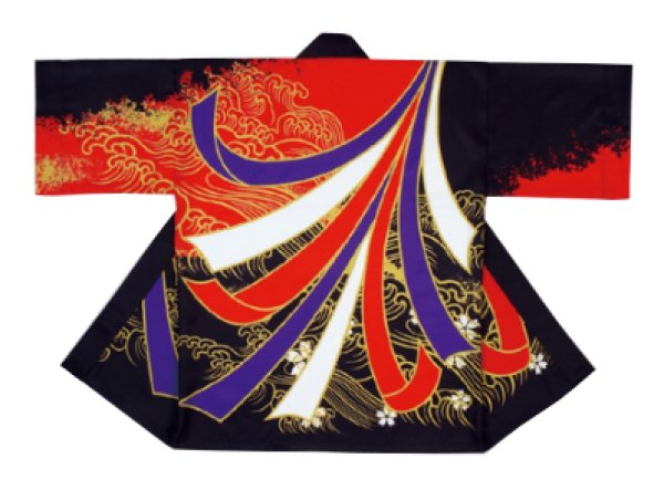 画像3: お祭り法被:半纏帯別売【波に熨斗】黄黒・赤黒 (3)