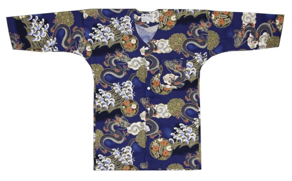 画像2: 鯉口シャツ【波と雲と龍 青系・黒系】M・L・LL寸 大人用 男性女性兼用 青系 (2)