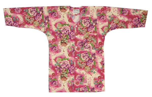 画像2: 鯉口シャツ【牡丹と鞠 ピンク系・ブルー系】 S・M・L寸 大人用 男性女性兼用 白系 赤系 (2)