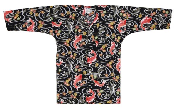 画像2: 鯉口シャツ【流水に夫婦鯉　黒・青】　Ｍ・Ｌ寸　大人用 男性女性兼用 青系 (2)