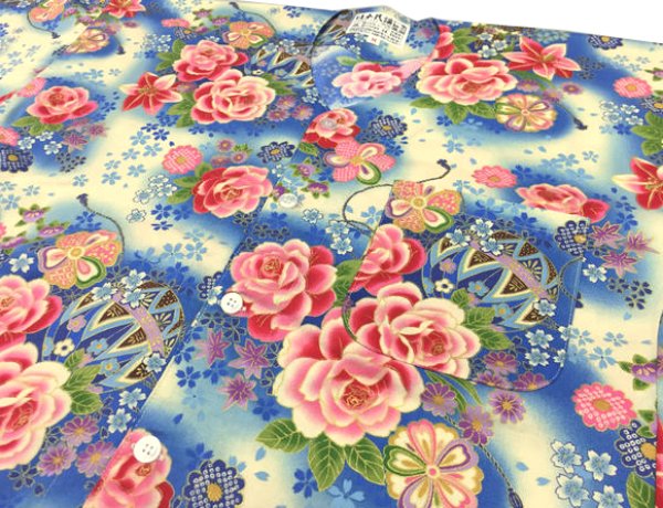 画像6: 鯉口シャツ【牡丹と鞠 ピンク系・ブルー系】 S・M・L寸 大人用 男性女性兼用 白系 赤系 (6)