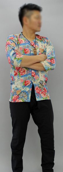 画像7: 鯉口シャツ【牡丹と鞠 ピンク系・ブルー系】 S・M・L寸 大人用 男性女性兼用 白系 赤系 (7)