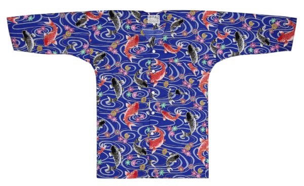 画像5: 鯉口シャツ【流水に夫婦鯉　黒・青】　Ｍ・Ｌ寸　大人用 男性女性兼用 青系 (5)