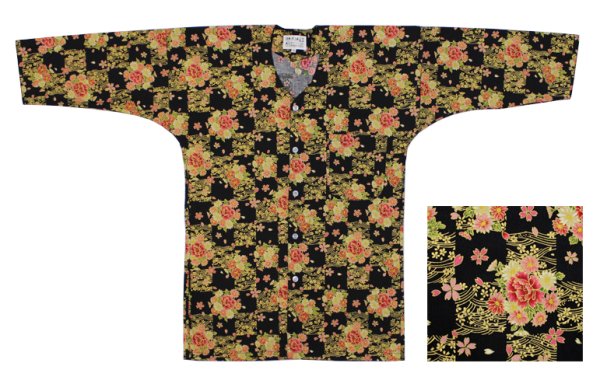 画像7: 鯉口シャツ【市松に花輪　紺系・黒系】Ｍ・Ｌ寸　大人用 男性女性兼用 青系 黒系 (7)