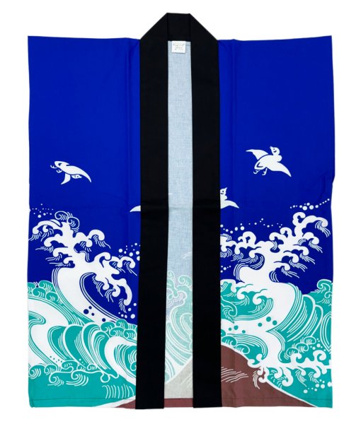 画像2: お祭り袖なし法被:半纏帯別売【波千鳥】青 (2)