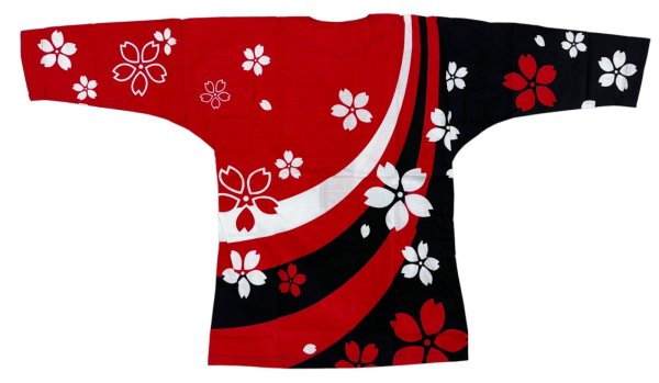 画像2: 鯉口シャツ　【斜線に桜】　赤黒　Ｍ・Ｌ・ＬＬ寸 赤系 黒系 (2)