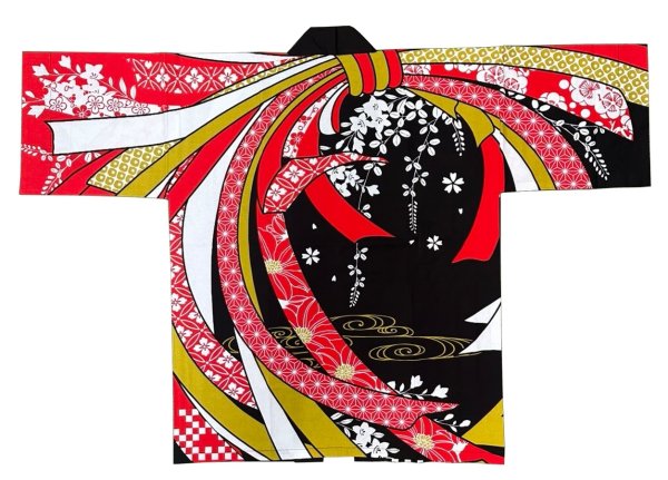 画像2: お祭り法被:半纏帯別売【束ね熨斗に花】黒・赤 (2)