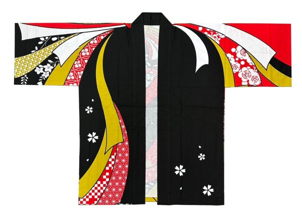 画像3: お祭り法被:半纏帯別売【束ね熨斗に花】黒・赤 (3)