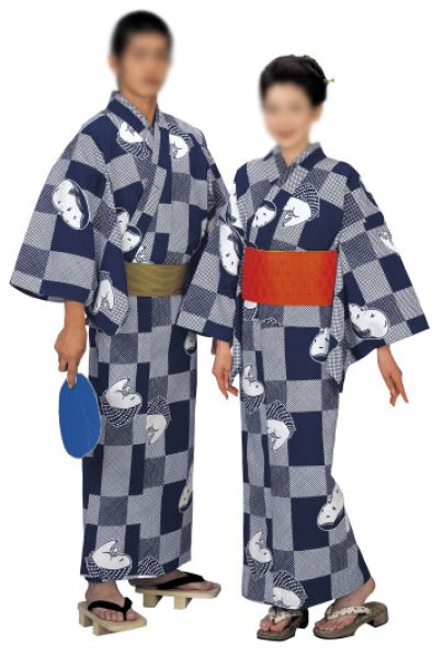 画像1: 【男女同柄】仕立て上がり　お揃い浴衣　男仕立Ｍ寸・男仕立Ｌ寸・男仕立ＬＬ寸・女仕立【おかめひょっとこ・変わり市松】 (1)