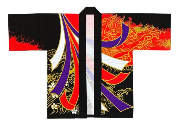 画像5: お祭り法被:半纏帯別売【波に熨斗】黄黒・赤黒 (5)