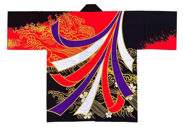 画像4: お祭り法被:半纏帯別売【波に熨斗】黄黒・赤黒 (4)