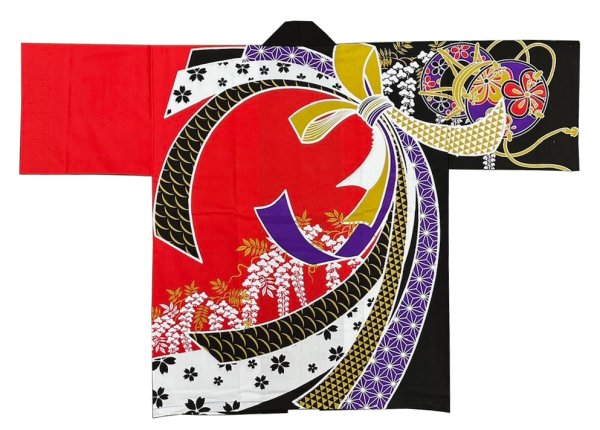 画像1: お祭り法被：半纏帯別売【束ね熨斗に鼓と藤】赤 (1)