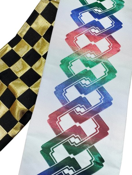 画像2: 女物　仕立金襴四寸帯【吉原繋ぎ・市松・流水桜・露芝・源氏車・手綱】edo4914 edo4915 edo4916 edo4918 edo4919 edo4922 (2)