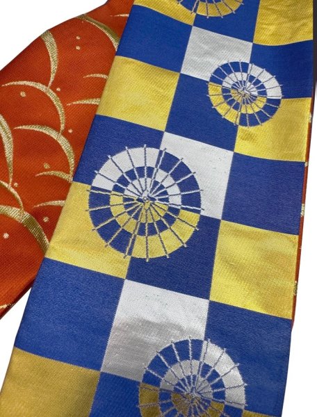 画像7: 女物　仕立金襴四寸帯【吉原繋ぎ・市松・流水桜・露芝・源氏車・手綱】edo4914 edo4915 edo4916 edo4918 edo4919 edo4922 (7)