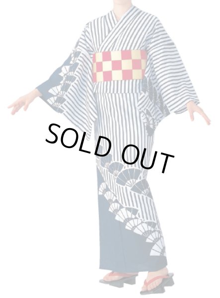 画像1: 【反物】絵羽浴衣　反物　本絵羽浴衣【処分品・反数限定】本絵羽ゆかた（反物） 縞・扇 (1)