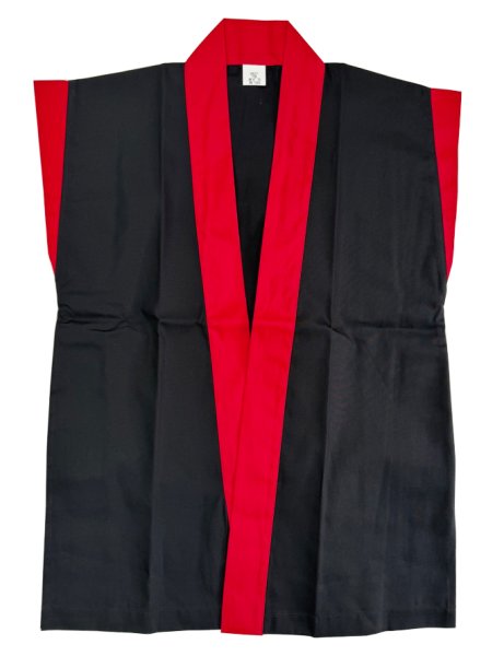 画像2: 子ども用 お祭り袖なし法被:半纏帯別売  本体黒(赤衿・赤袖)・本体赤(黒衿・黒袖) 選べる3サイズ (2)
