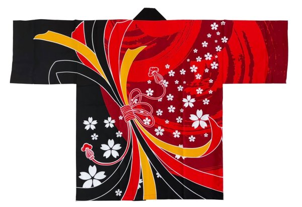 画像4: お祭り法被:半纏帯別売【束ね熨斗に桜】黄赤黒・赤黒 (4)