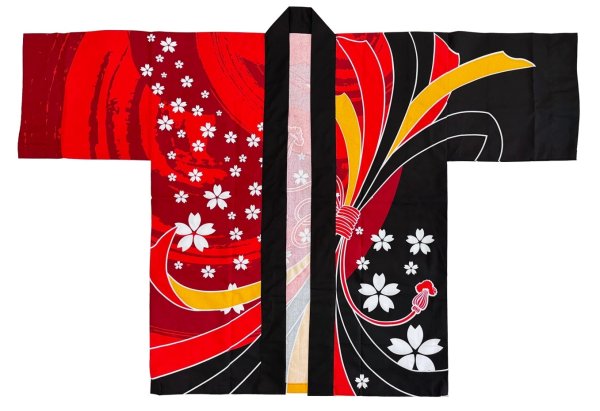 画像5: お祭り法被:半纏帯別売【束ね熨斗に桜】黄赤黒・赤黒 (5)