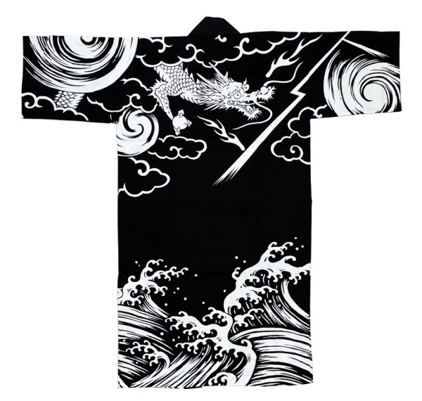 画像2: よさこい長半纏（男女兼用）【龍・波】黒 (2)
