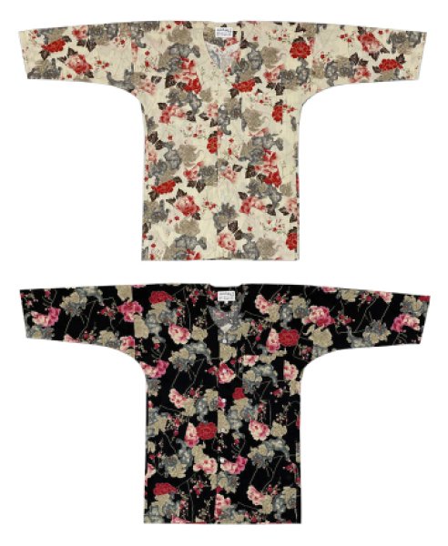 画像1: 鯉口シャツ【獅子牡丹　生成系・黒系】 大人用 男性女性兼用 黒系 居酒屋 飲食店ユニフォーム 祭り (1)