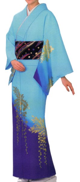 画像1: 踊り用ポリ絵羽　反物・女単衣仕立　藤【ポリ絵羽 女物 女仕立て 単衣 仕立て上がり着物 着尺 ポリエステル】 (1)