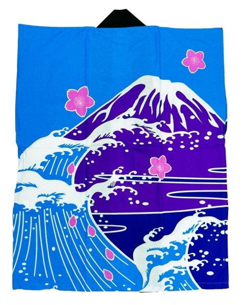 画像2: お祭り袖なし法被：半纏帯別売【富士山・桜・波】青 (2)