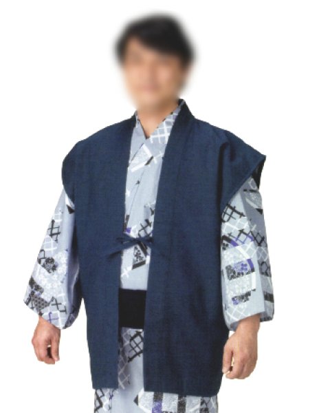 画像2: 【男女兼用】旅館用・業務用　袖なし紬茶羽織（肩当付） 紺系・緑系 (2)