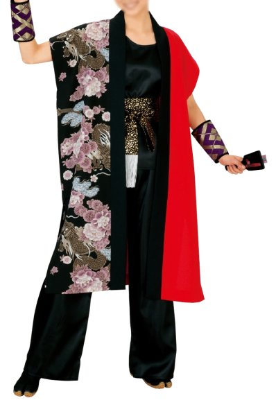 画像1: よさこいコスチューム（男女兼用）黒赤（龍・牡丹・菊・桜）・黒衿　スリットあり (1)