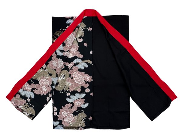 画像3: よさこいコスチューム（男女兼用）黒地（龍・牡丹・菊・桜）・赤衿　スリットあり (3)