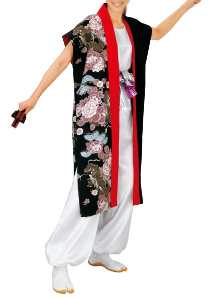 画像1: よさこいコスチューム（男女兼用）黒地（龍・牡丹・菊・桜）・赤衿　スリットあり (1)