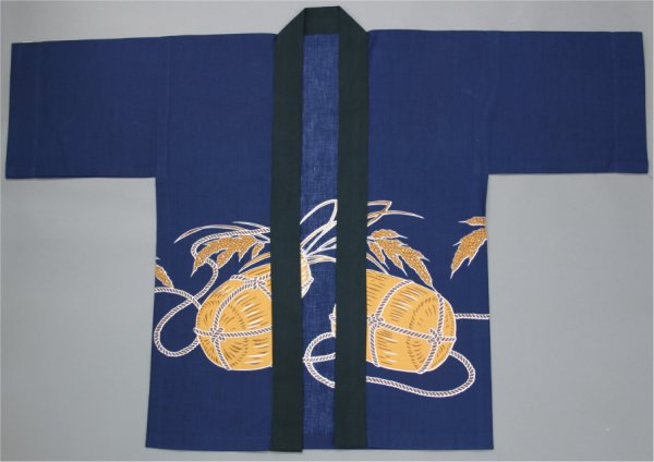 画像2: お祭り法被:半纏帯別売【稲と米俵】濃紺 (青系) (2)